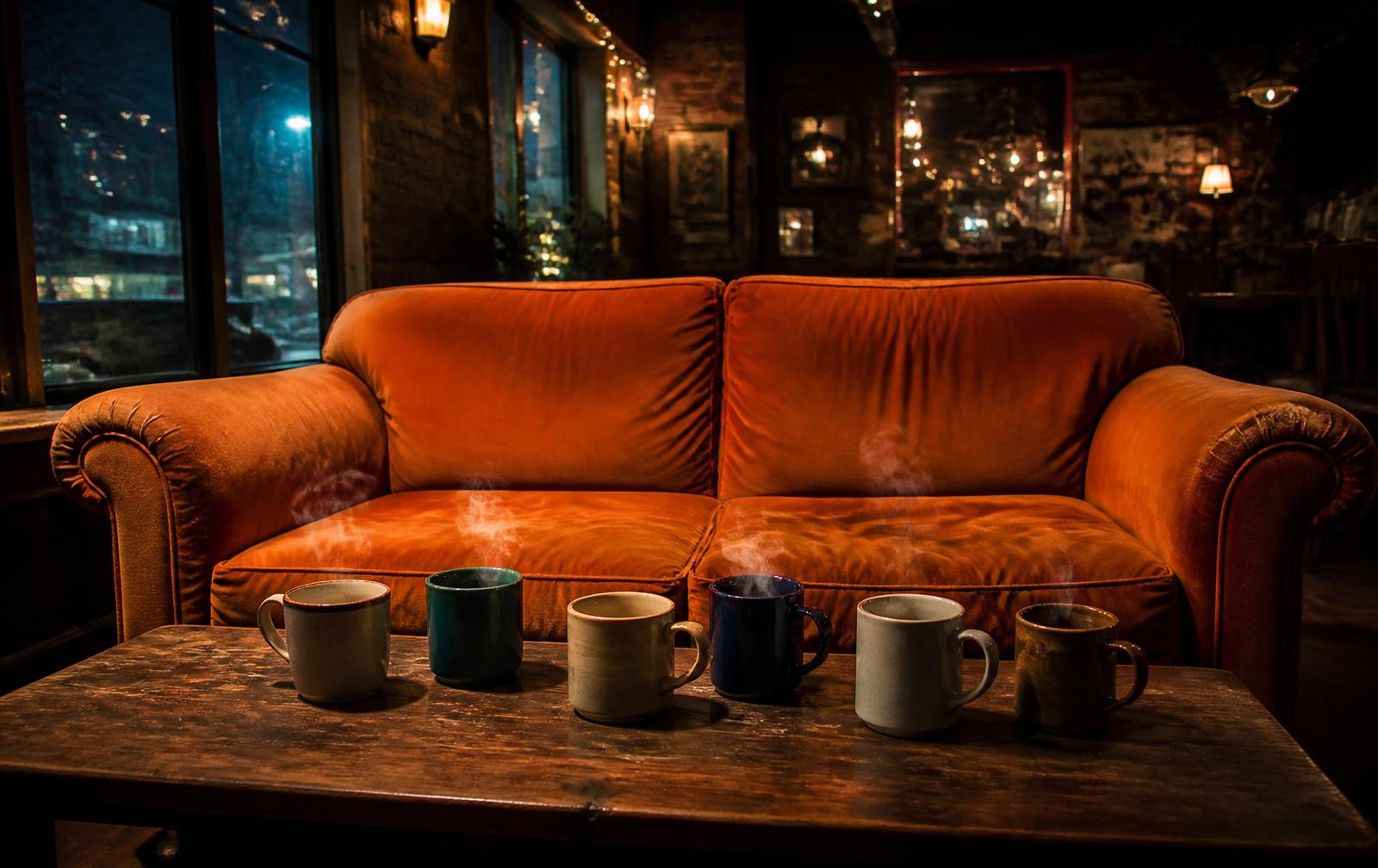 An empty orange couch in a coffeehouse with six mugs