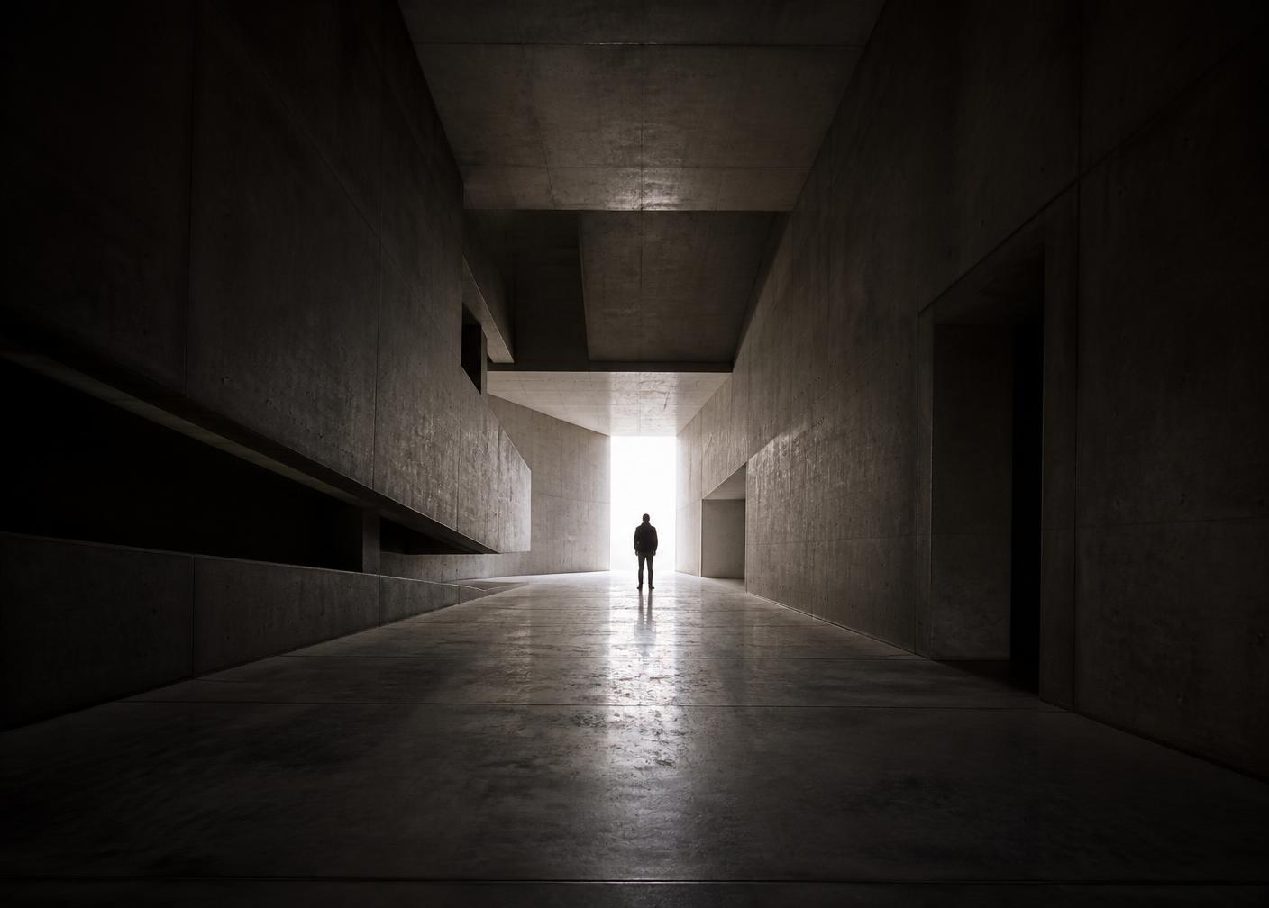 A lone figure in a concrete corridor walking toward light