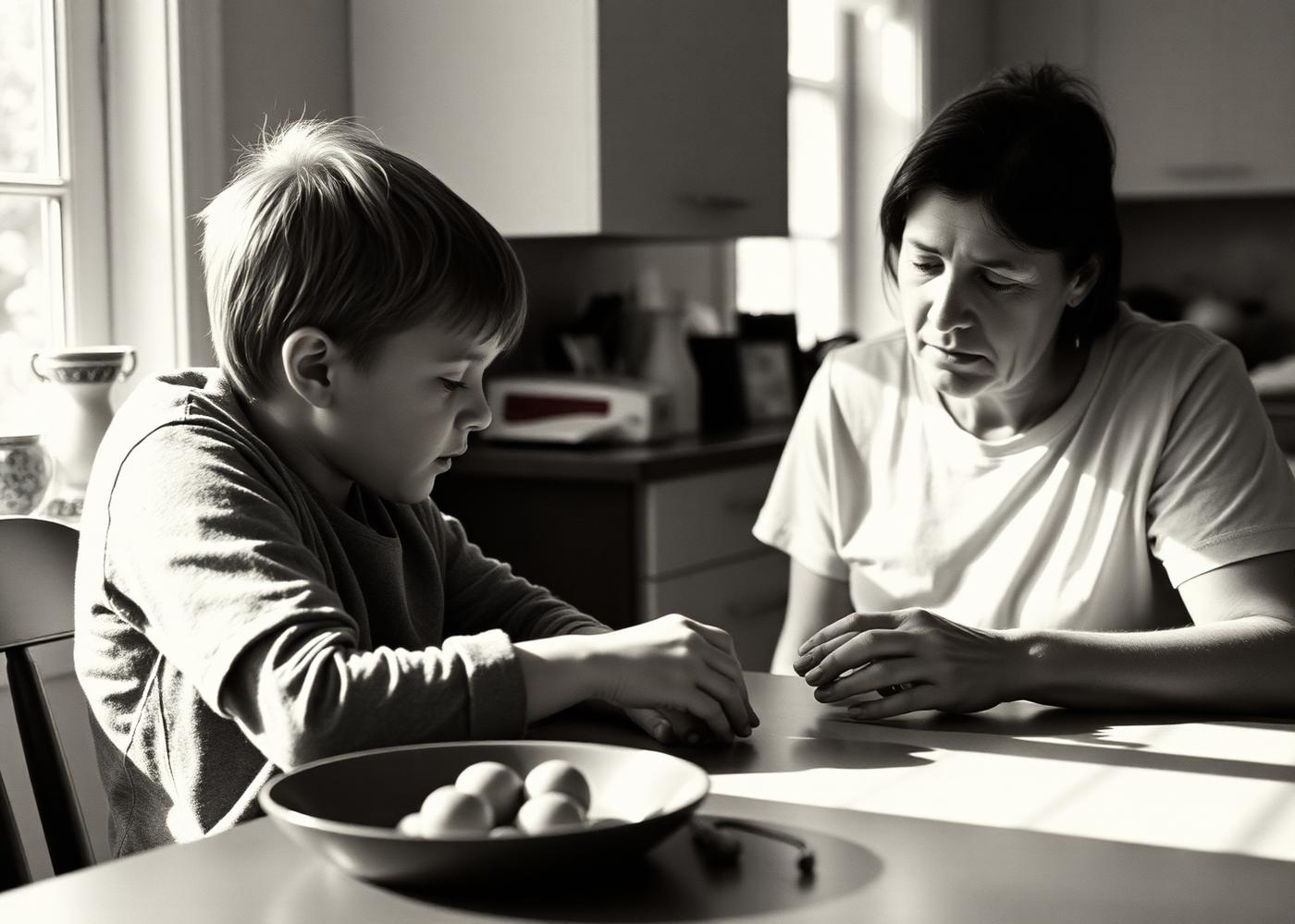 A child explaining something to an adult at a kitchen table